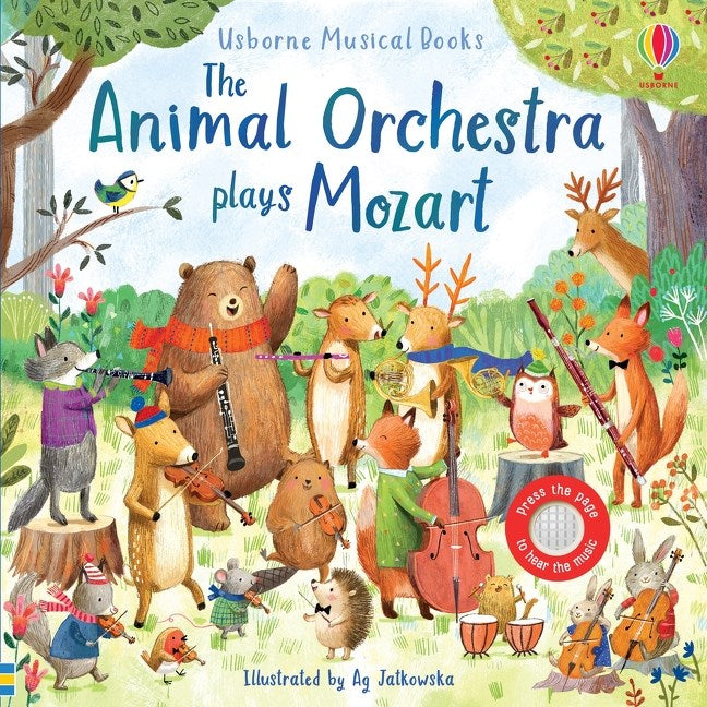 Book cover of 'The Animal Orchestra plays Mozart' with illustrated animals playing instruments in a forest setting.