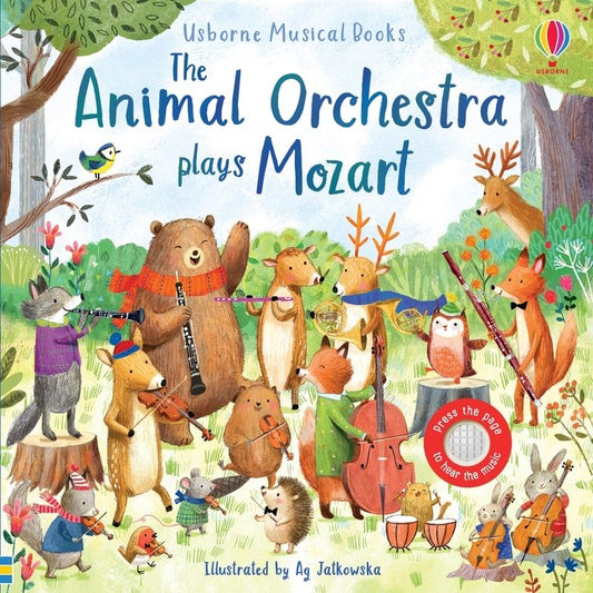 Book cover of 'The Animal Orchestra plays Mozart' with illustrated animals playing instruments in a forest setting.