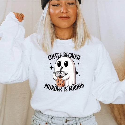 ghost drinking coffee on a sweatshirt