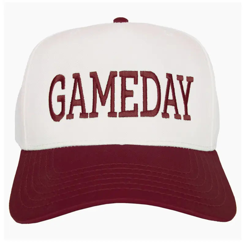 White and maroon cap with 'GAMEDAY' text on a white background