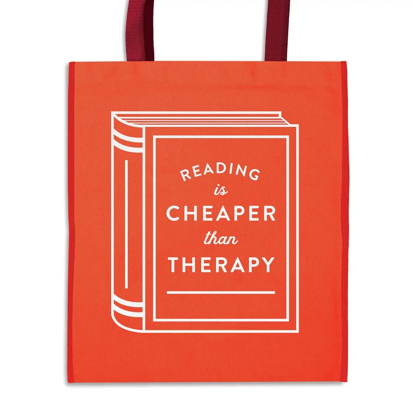 Red tote bag with a book graphic and 'Reading is Cheaper than Therapy' text on a white background