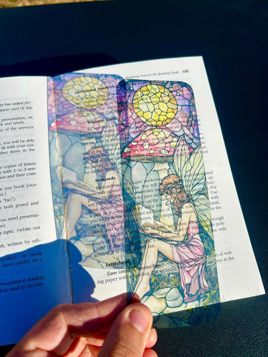 Twilight Tales Bookmark, Garden Fairy, Glowing Book, Stained Glass Moon, Nocturnal Fantasy Art