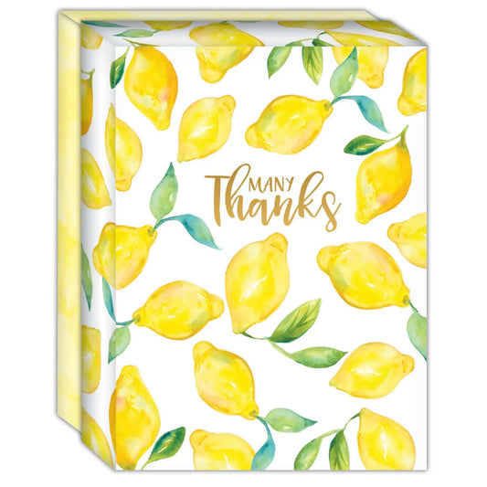 Gift box with lemon pattern and 'Many Thanks' text on a white background