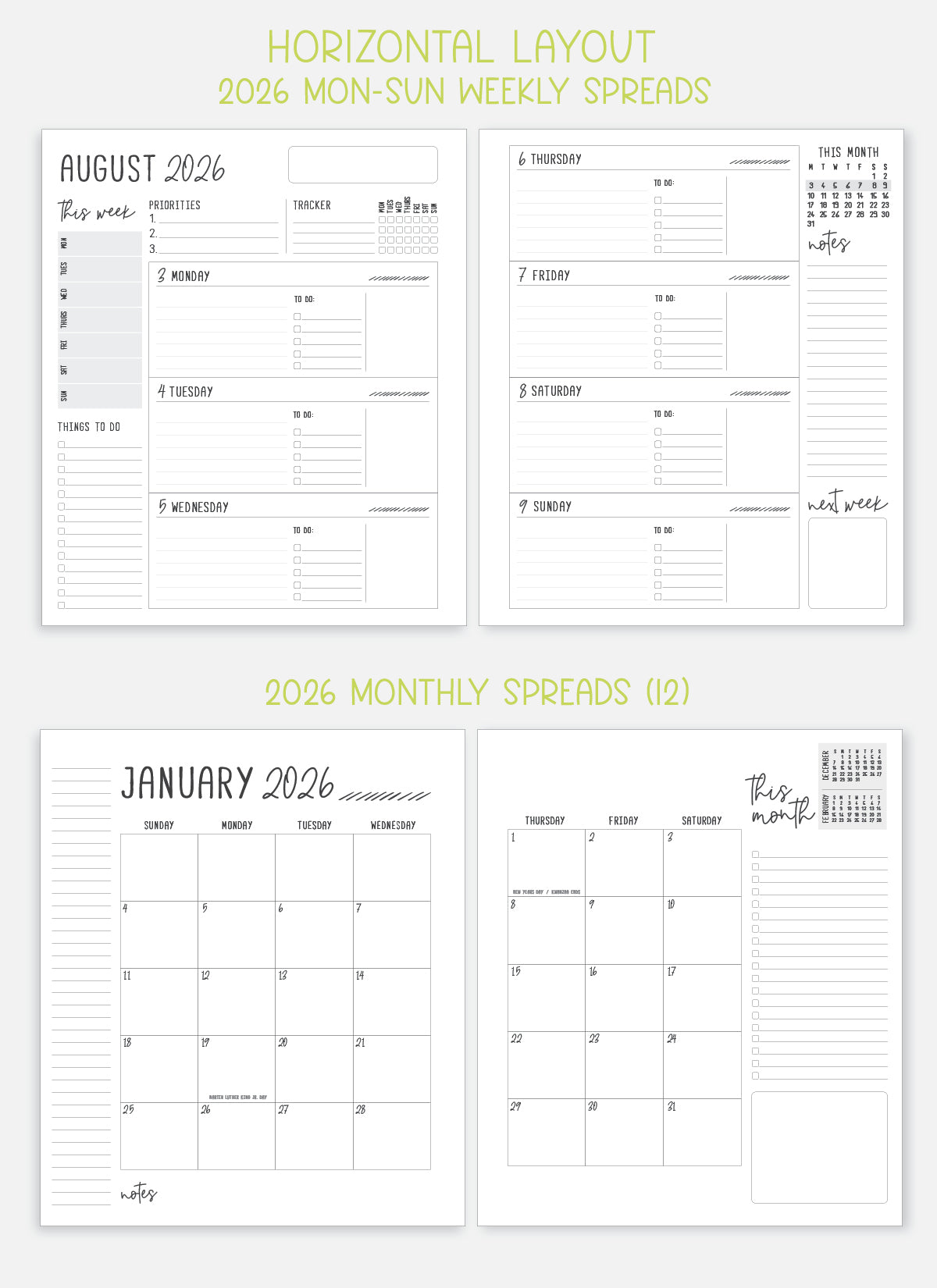 2026 Planner - Horizontal Layout, Disc Bound - "Whimsical" (#702)