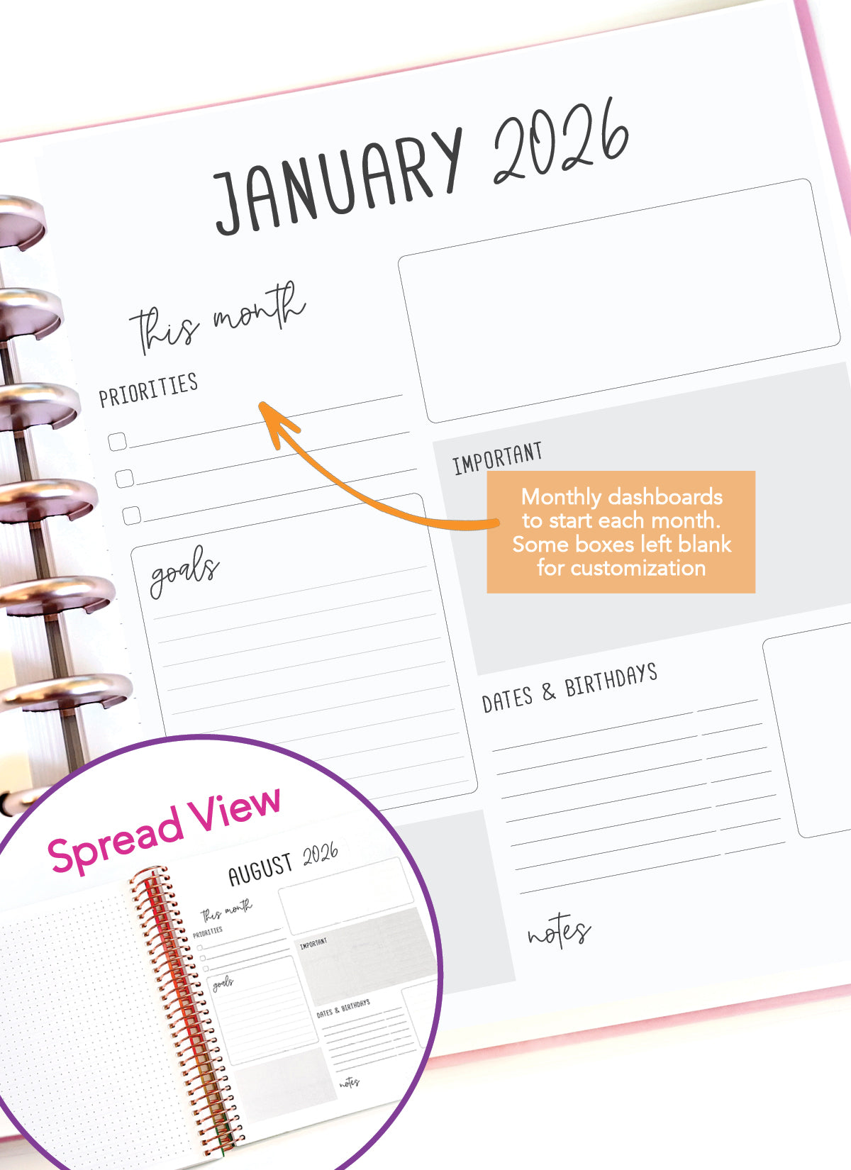 2026 Planner - Horizontal Layout, Disc Bound - "Whimsical" (#702)