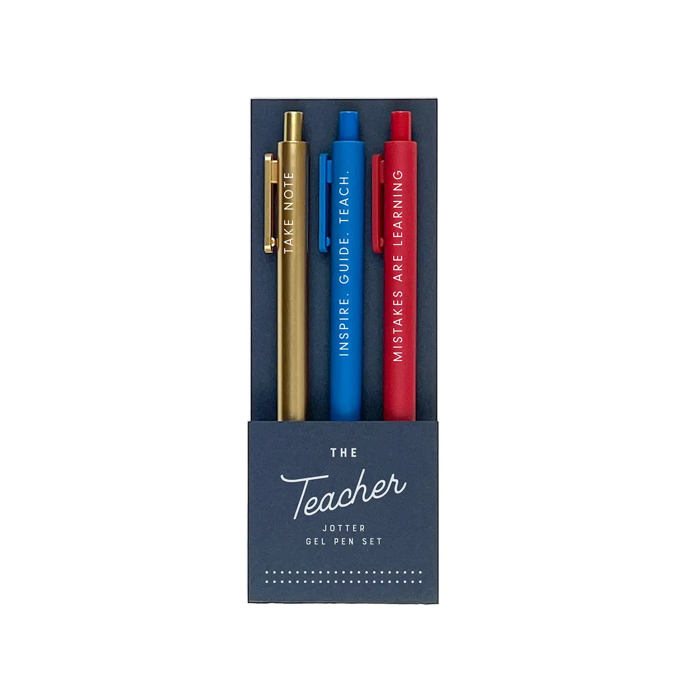 Set of three gel pens in gold, blue, and red with a packaging box labeled 'The Teacher Jotter Gel Pen Set' on a white background.