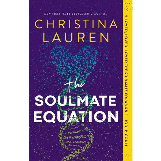 Book cover of 'The Soulmate Equation' by Christina Lauren with a purple background and DNA strand design.