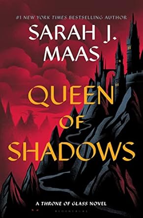 Book cover of 'Queen of Shadows' by Sarah J. Maas with a dark castle and red sky.
