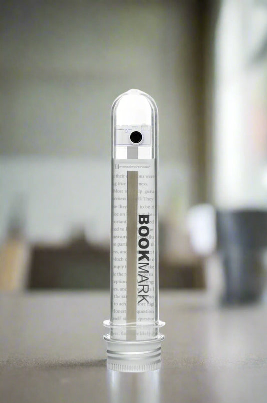 Clear cylindrical container with 'BOOKMARK' branding on a white background