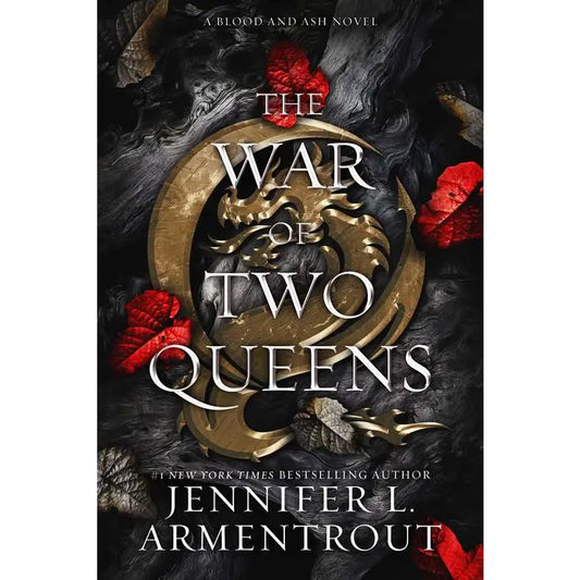 Book cover of 'The War of Two Queens' by Jennifer L. Armentrout with a dark background and gold emblem.