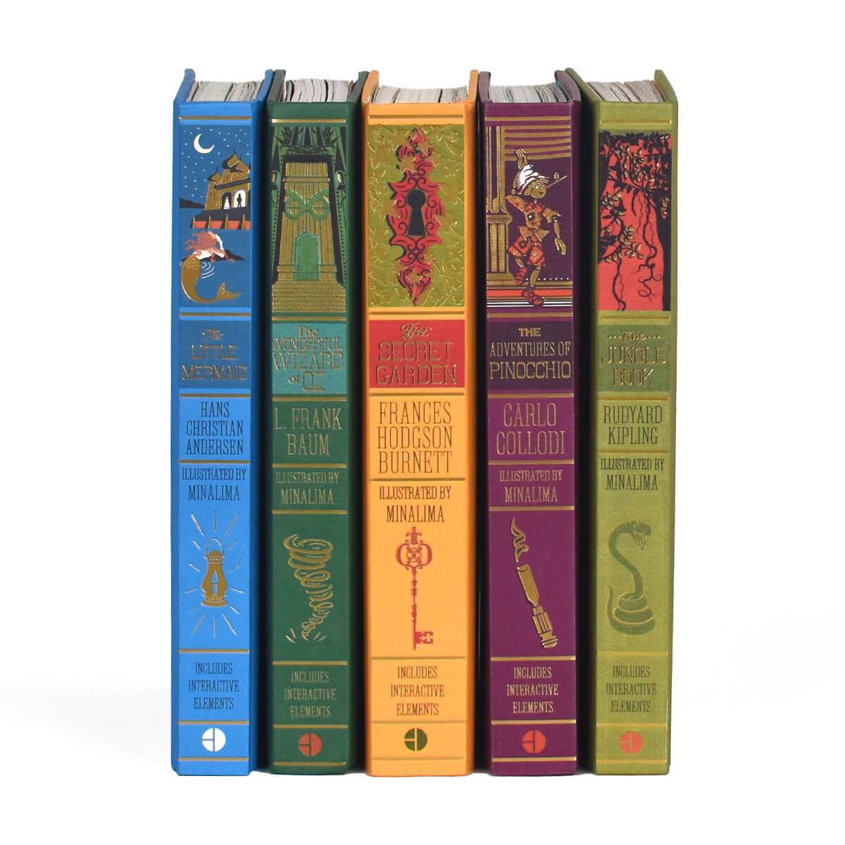 Five colorful books with illustrated covers on a white background