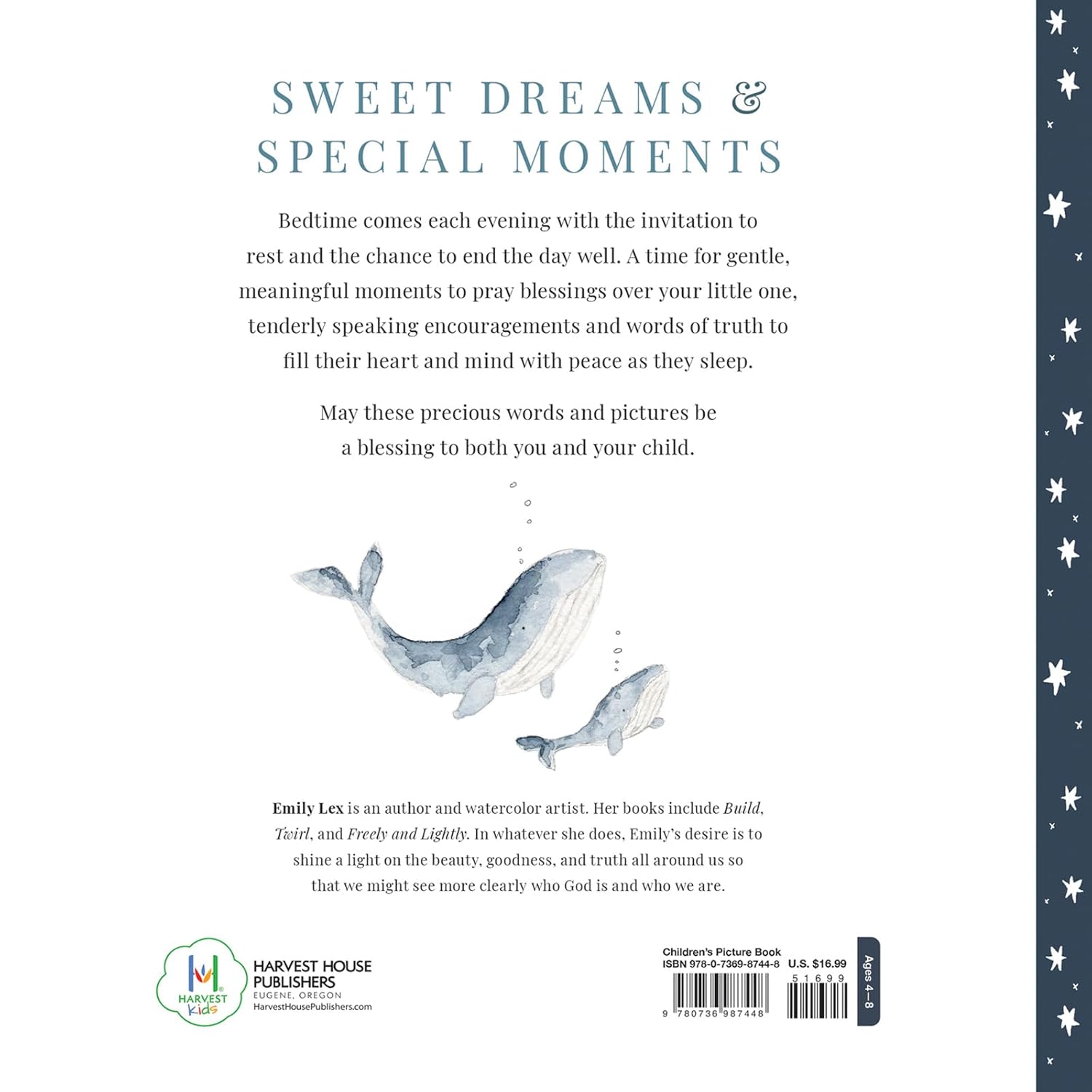 Bookback with whale illustration and text about bedtime prayers and encouragements for children, featuring Harvest House Publishers.