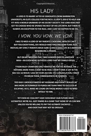 Back cover of a book with text and a barcode on a dark background