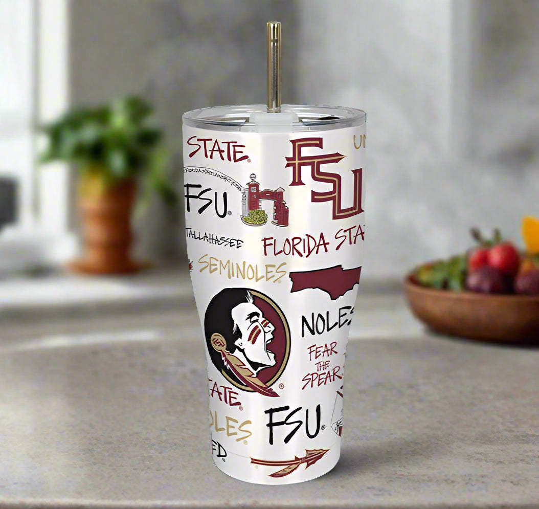 Tumbler with Florida State University branding on a gray background