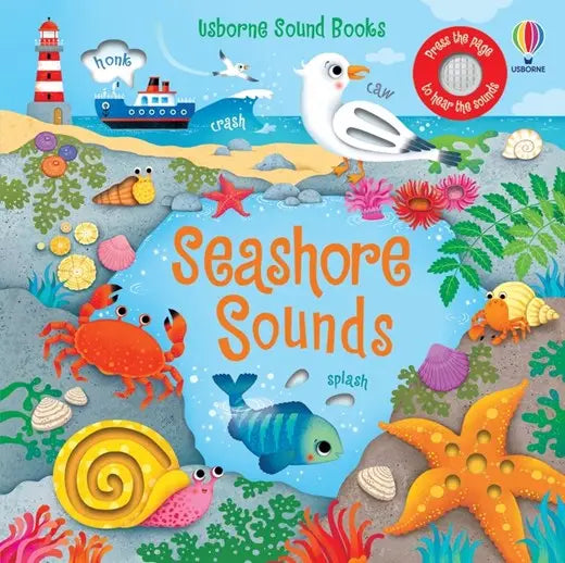 Book cover of 'Seashore Sounds' with colorful illustrations of sea creatures and a lighthouse.