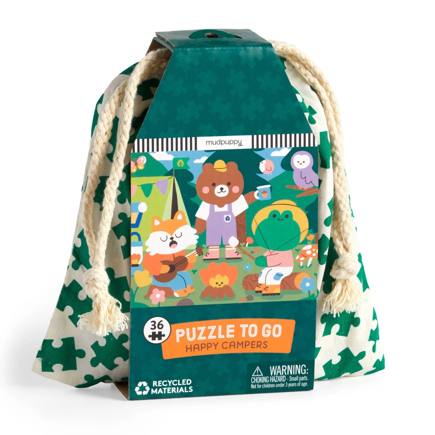 Puzzle packaging with cartoon animals and a drawstring bag on a white background