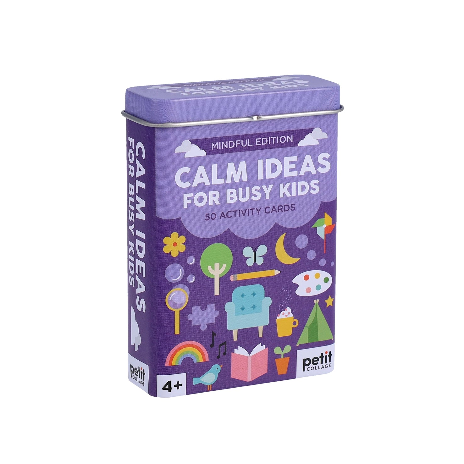 Purple box of 'Calm Ideas for Busy Kids' activity cards on a white background