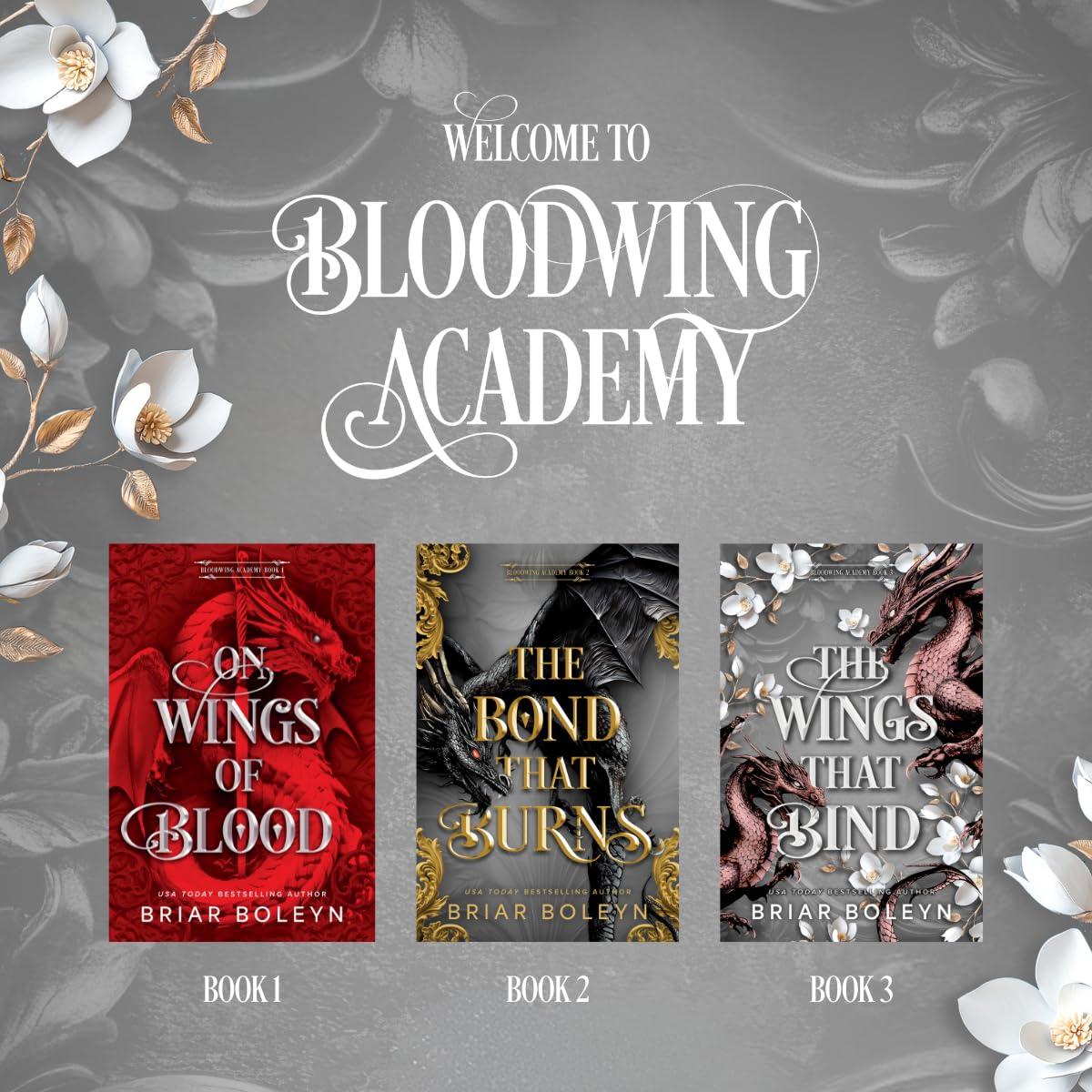 Promotional graphic for 'Bloodwing Academy' series with book covers and floral elements on a gray background.