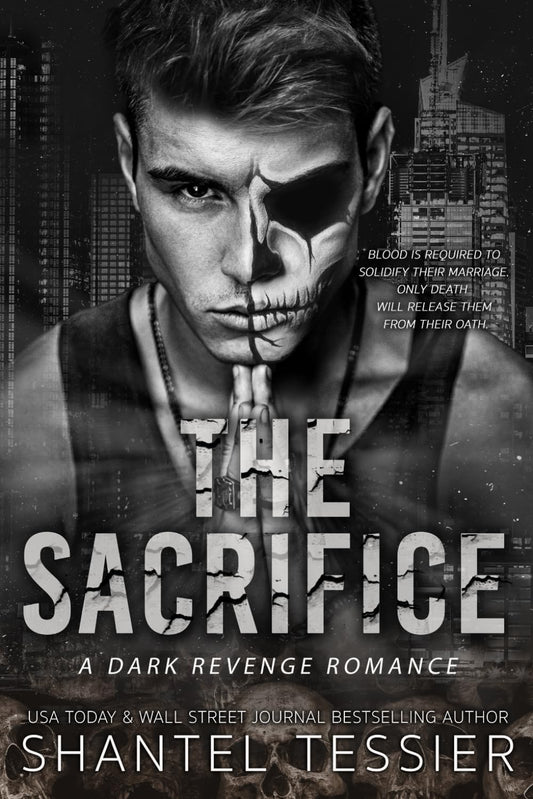 Book cover of 'The Sacrifice' featuring a man with a skull-like face paint against a cityscape background.