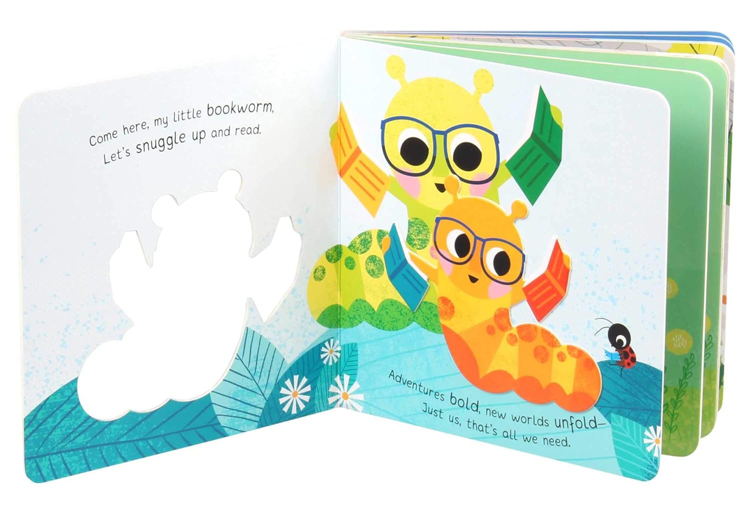 Children's book with illustrations of caterpillars and text on a white background
