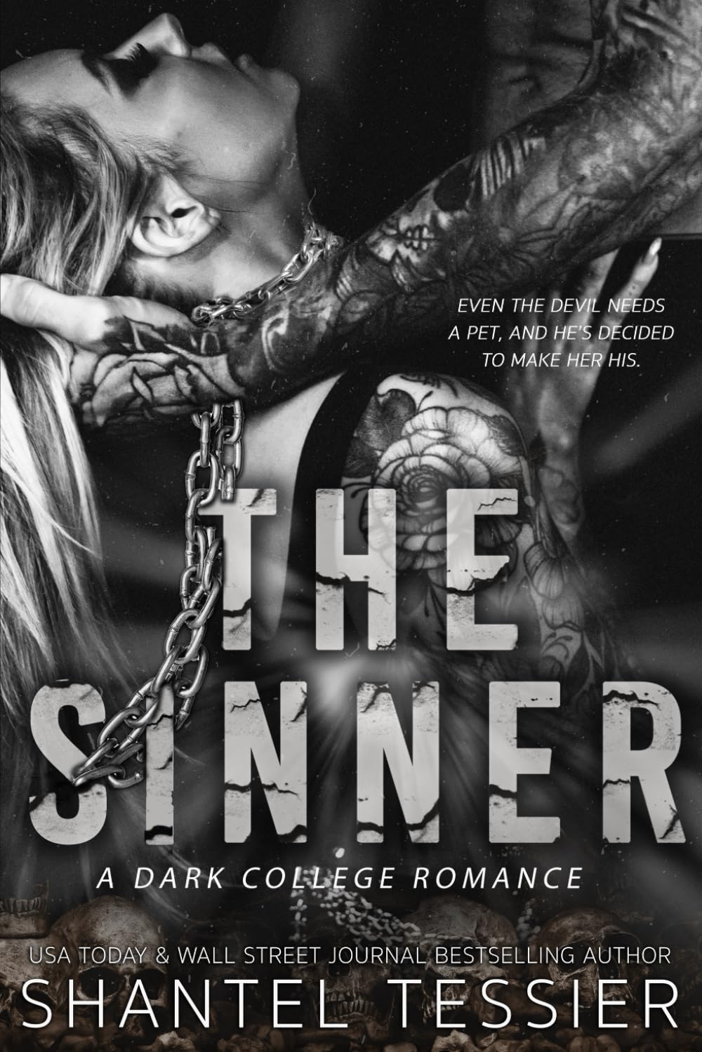 Book cover of 'The Sinner' featuring a tattooed person with chains and text.