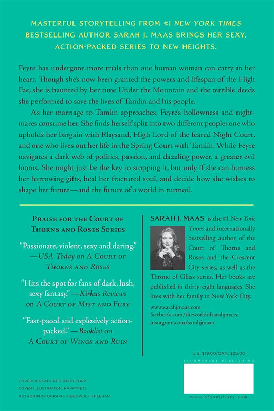 Book cover with green background and text about a new series by Sarah J. Maas