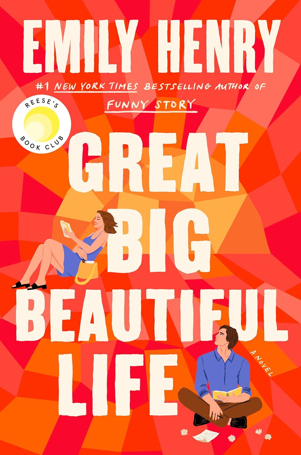Book cover of 'Great Big Beautiful Life' by Emily Henry with abstract design and two people reading.