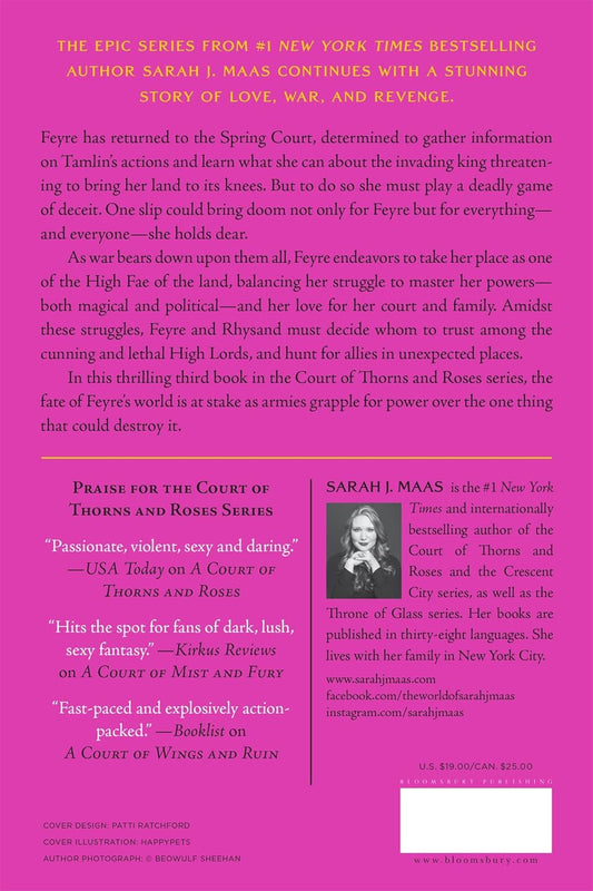 Book cover of 'A Court of Wings and Ruin' by Sarah J. Maas with promotional text and author information.