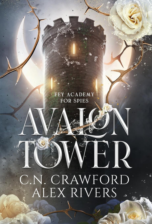 Book cover of 'Avalon Tower' with a tower, flowers, and antlers on a dark background