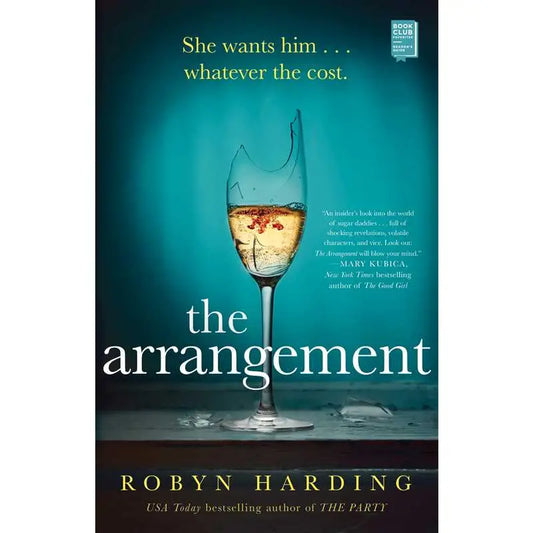 Book cover of 'The Arrangement' with a glass of wine and promotional text.