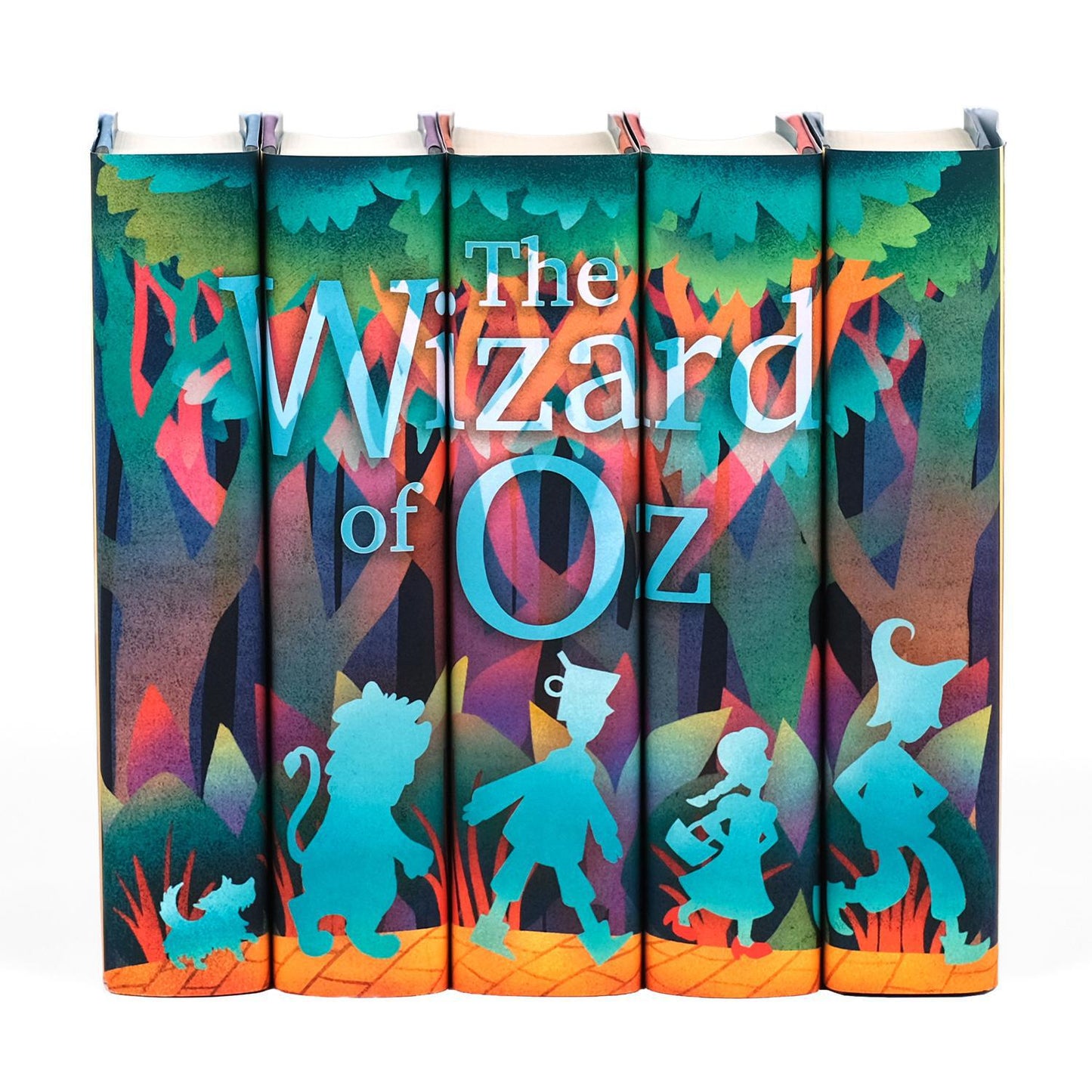 Colorful book spines of 'The Wizard of Oz' with character silhouettes on a white background