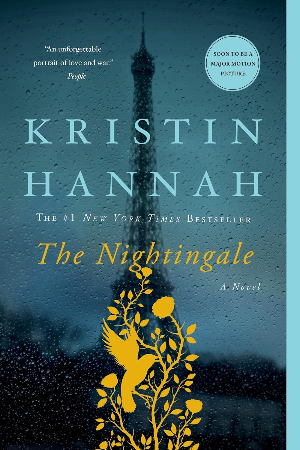 Book cover of 'The Nightingale' by Kristin Hannah with a silhouette of a tower and bird.