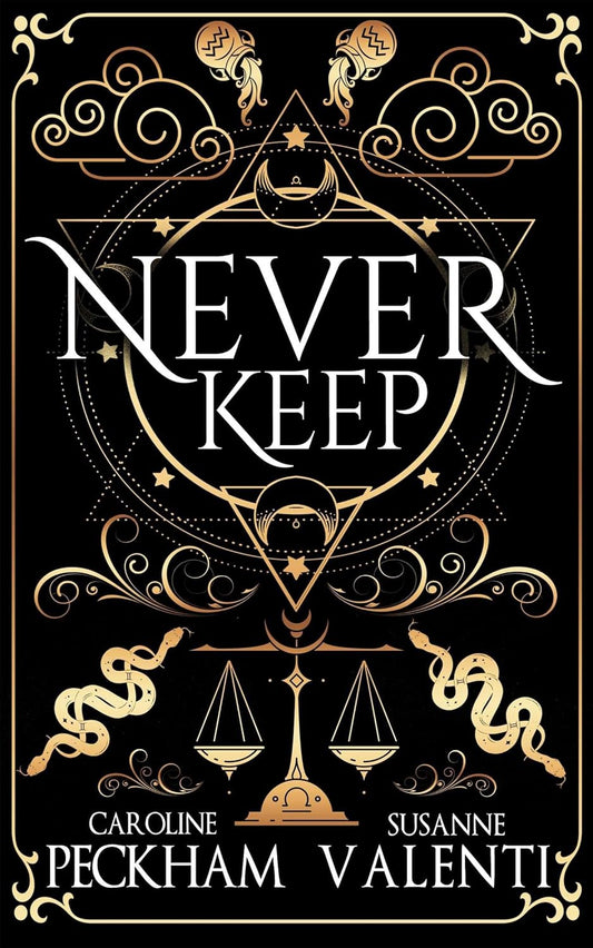 Book cover of 'Never Keep' with decorative elements and gold text on a black background