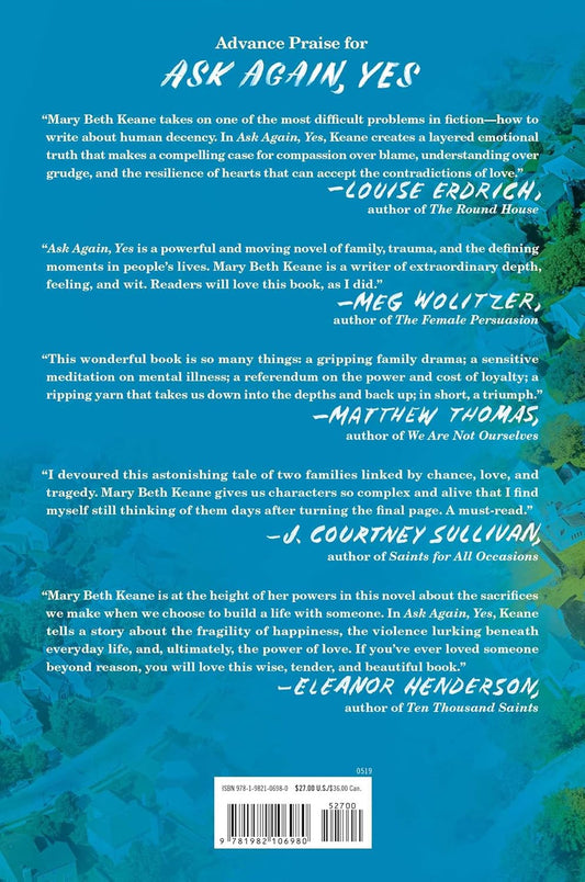 Book back cover with author quotes and a blue floral design