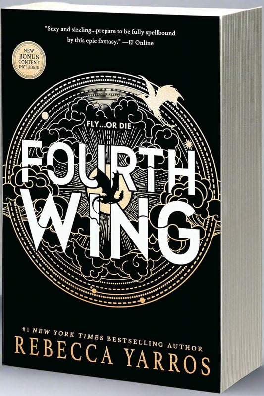 Book cover of 'Fourth Wing' by Rebecca Yarros with decorative design and bird illustration.