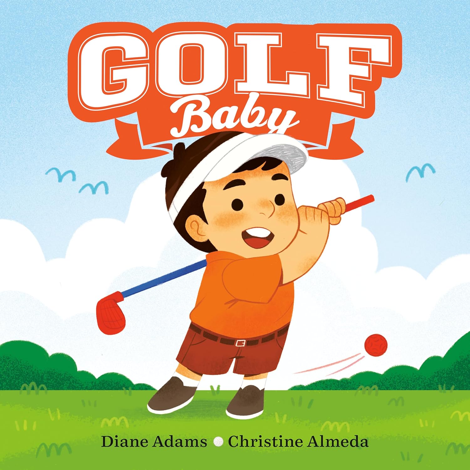 Book cover of 'Golf Baby' with a cartoon boy playing golf against a blue sky and green grass background.