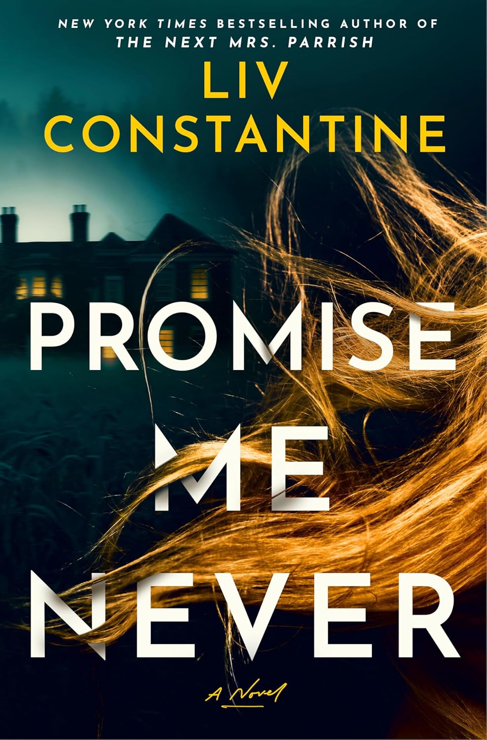 Book cover for the novel 'Promise Me Never' by Liv Constantine, featuring large white title text over a dark moody background with a house silhouette, yellow-gold hair, and the author's name in yellow at the top.