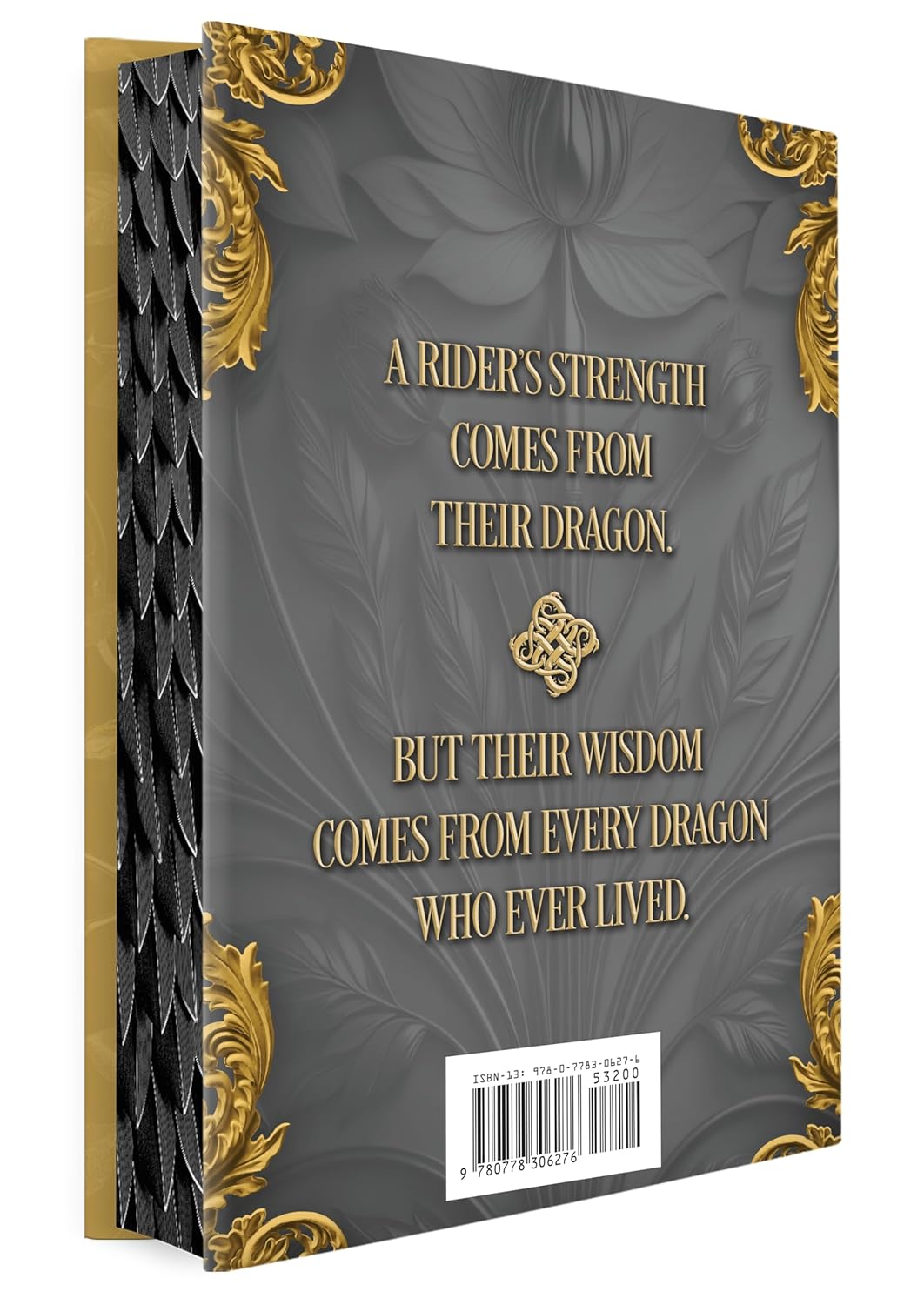 Decorative book cover with gold text and patterns on a gray background