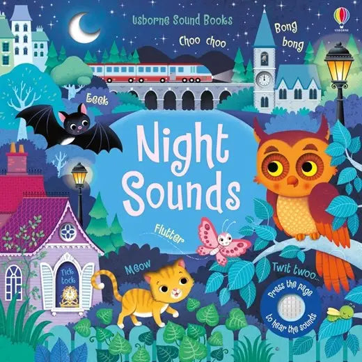 Book cover of 'Night Sounds' with illustrations of animals and a train, featuring Usborne Sound Books.