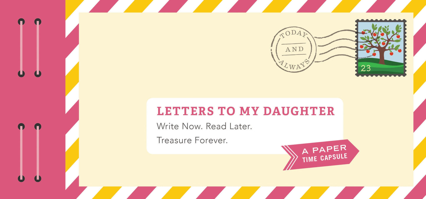 Book cover titled 'Letters to My Daughter' with a postage stamp design, pink border, and envelope illustration.