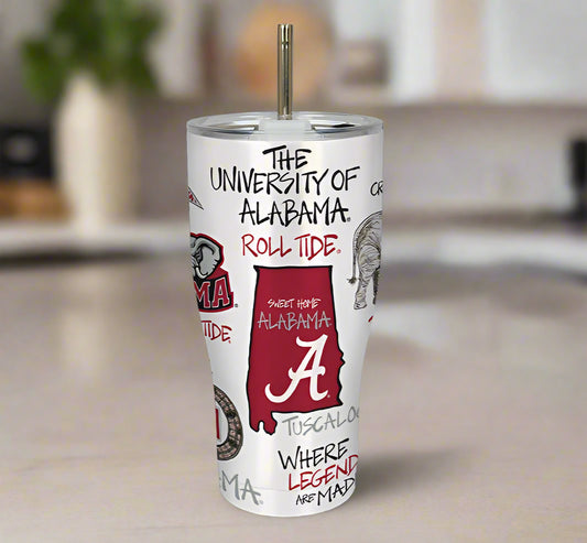 Tumbler with University of Alabama design on a gray background
