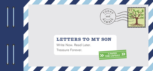 Envelope with 'Letters to My Son' book cover, postage stamp, and decorative elements on a blue and white striped background.