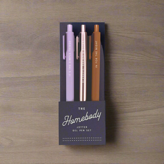 Set of three pens in a black box labeled 'The Homebody Jotter Gel Pen Set' on a white background.
