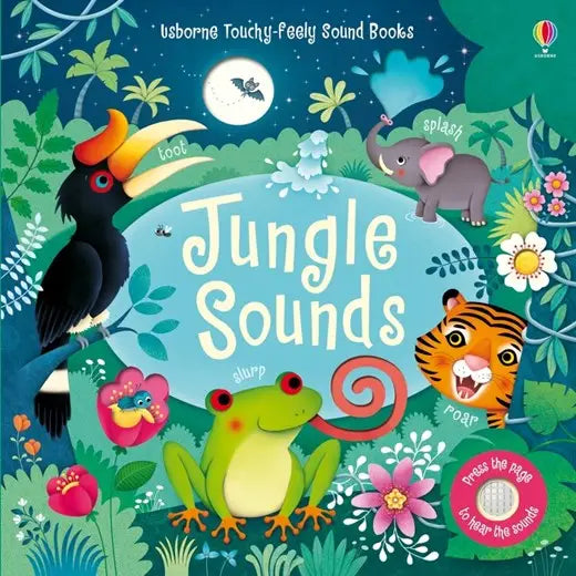 Book cover of 'Jungle Sounds' with animals and sound effects on a colorful background