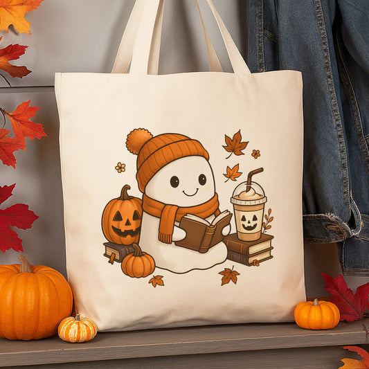 Fall Pumpkin Ghost Reading Canvas Tote Bag