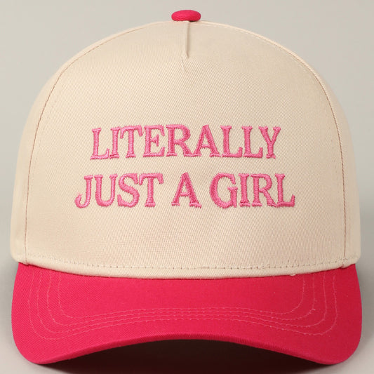Beige and red cap with 'Literally Just a Girl' text in pink on a gray background