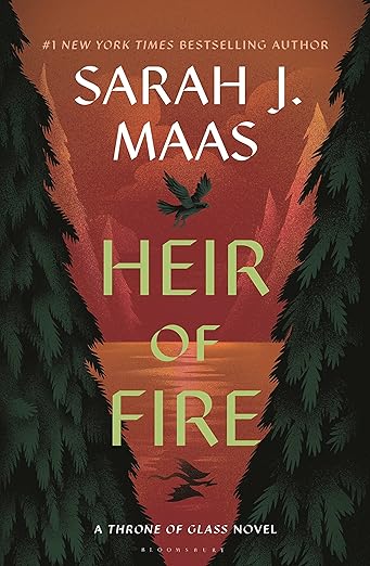 Book cover of 'Heir of Fire' by Sarah J. Maas with a red background, trees, and birds.