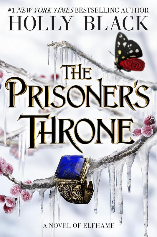 Book cover of 'The Prisoner's Throne' by Holly Black with a decorative emblem and butterfly.