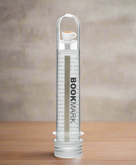 Clear cylindrical product with 'BOOKMARK' branding on a white background