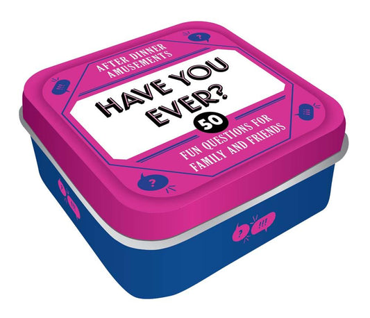 Pink and blue container with text 'Have You Ever?' on a white background